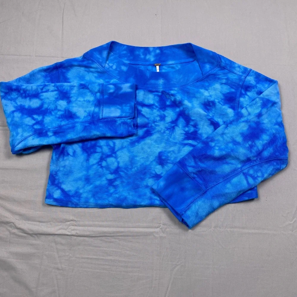 Free People Kelly Tie Dye Crop Sweatshirt Womens Blue Oversized Fleece Pullover